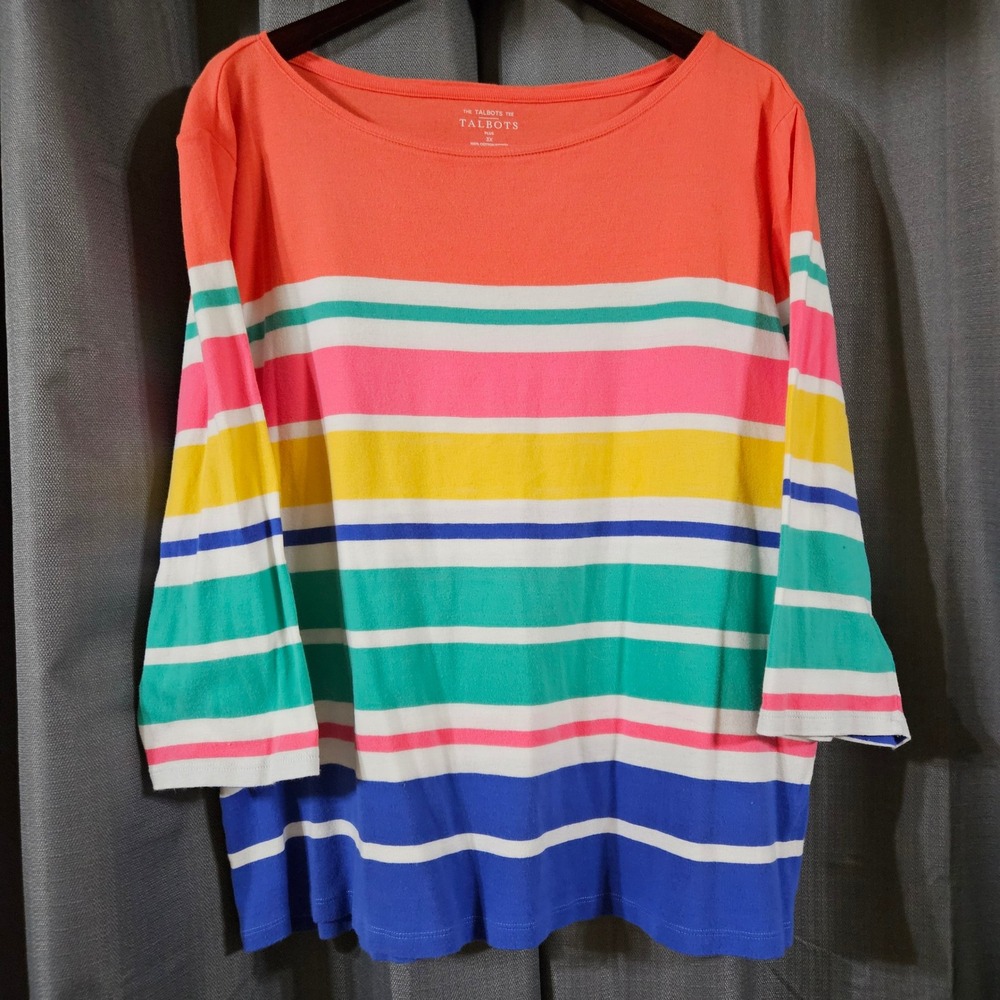 Talbots Tee‎ Plus 3X Multicolor Striped 100% Cotton Boat Neck 3/4 Sleeve Top